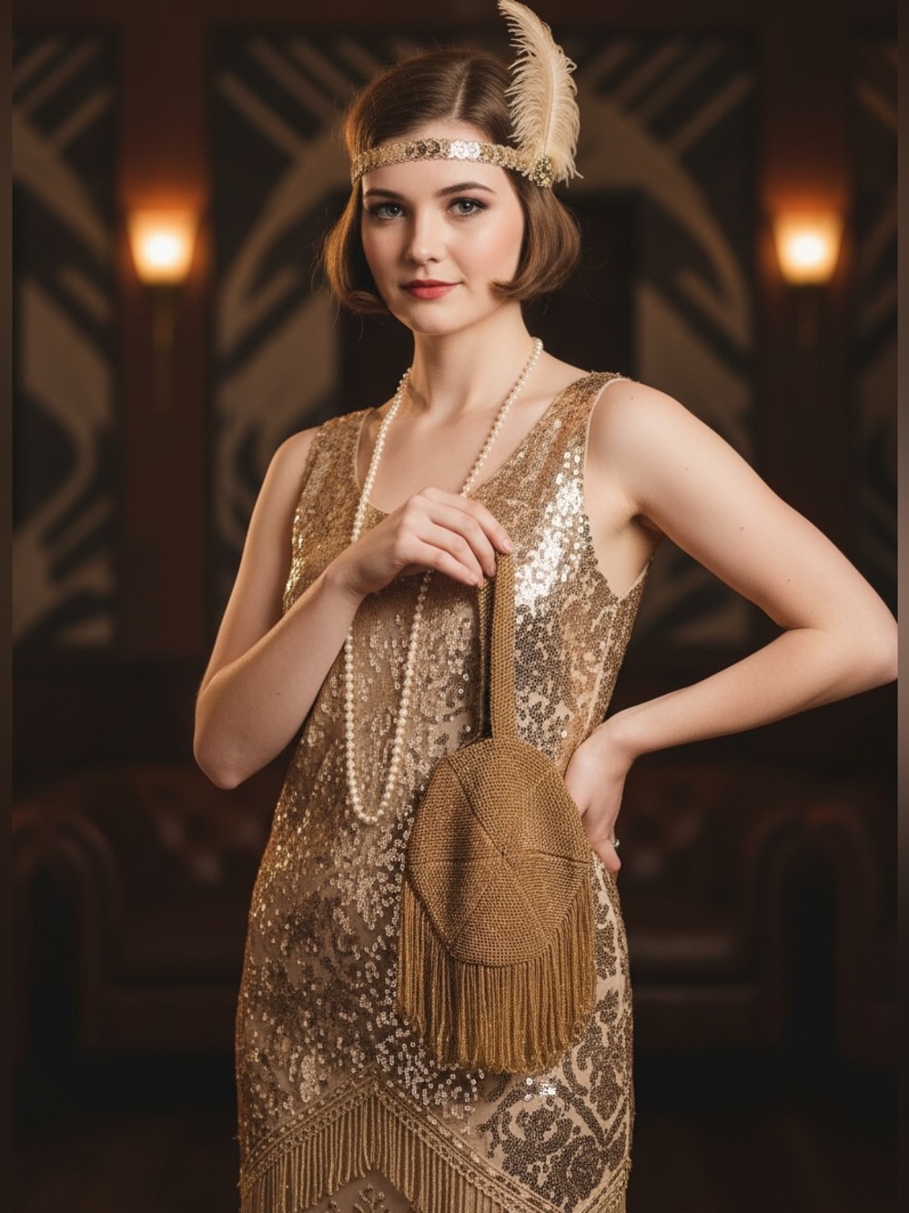Antique Gold Beaded Fringe Wristlet Purse | Flapper Style Cocktail Pouch